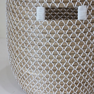 Round Seagrass Basket Handwoven Round Basket with White Net Pattern and Handles for Storage, <b>Laundry</b>, or Home Decor - Product Image 2