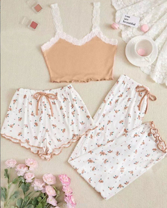 ชุดนอนลูกไม้สายเดี่ยวของผู้หญิงชุด3ชิ้นสำหรับฤดูร้อน - Product Image 3