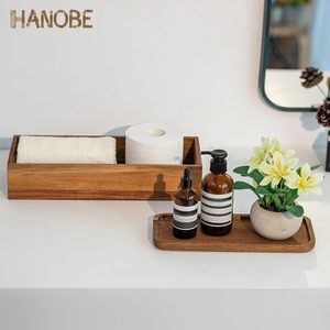 Boîte de rangement en bois Hanobe, rectangulaire, en bois massif, organiseur de salle de bain, porte-papier toilette, plateau décoratif pour comptoir - Product Image 1