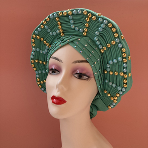 Sinya Beautiful Ladies Auto Gele Headtie avec perle pleine broderie à la main Aso Oko Headtie pour mariage traditionnel - Product Image 4