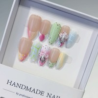 Nouveaux faux ongles 3D sculptés en forme d'amande, faits à la main, prêts à poser, vente en gros, motifs lignes dégradées Jiang et pois.