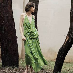 Women's Breathable Vintage Green Flowy <b>Midi</b> <b>Skirt</b> Draped Asymmetric Design Nonwoven Boho Summer Beach Natural Waist <b>Sequin</b> - Product Image 1