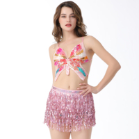 2 pièces Crop top femme à paillettes scintillantes, bustier plongeant sexy, à lacets papillon, pour rave, Halloween, tenue de clubwear et de danse orientale, en polyester