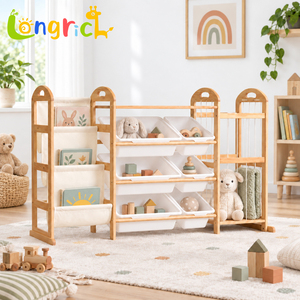 Armoire de <span class=keywords><strong>rangement</strong></span> en <span class=keywords><strong>bois</strong></span> moderne avec 4 étagères et 8 bacs, design bibliothèque pour chambre à coucher, salon ou salle de jeux - Product Image 2