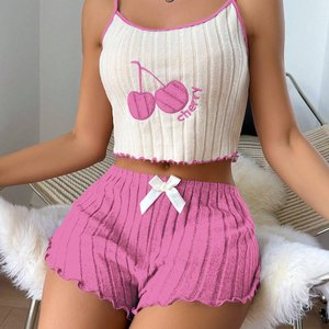 Pijama <span class=keywords><strong>Sexy</strong></span> de Verano <span class=keywords><strong>para</strong></span> Mujer con Estampado de Cerezas, Conjunto de 2 Piezas: Camiseta sin Mangas y Pantalones Cortos - Product Image 1
