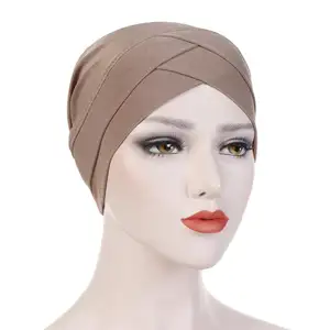 Factory supply solid color mercerized cotton muslim women underscarf cotton inner hijab cap cross ninja turban