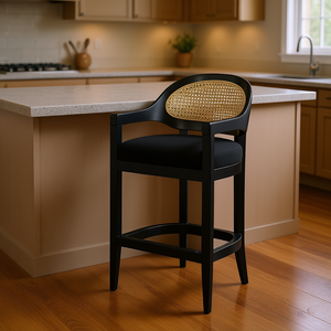 Taburete de Barra de Estilo Moderno de Mediados de Siglo, 26 Pulgadas, Color Negro Jet, Respaldo de Mimbre Tejido, Muebles para Comedor - Product Image 2