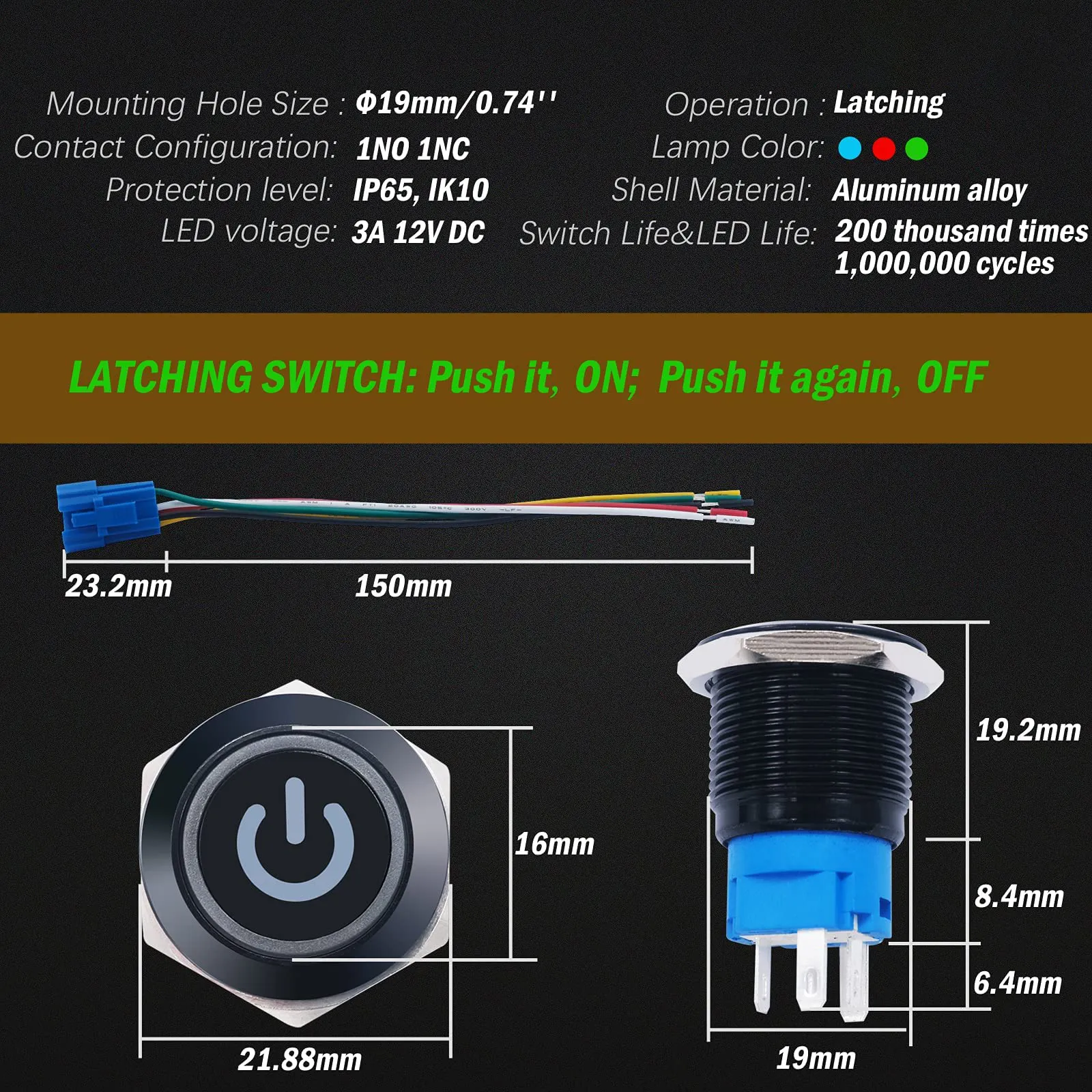 12V ON/OFF 1NO1NC SPDT 블랙 메탈 레드 파워 심볼 라이트 19mm 방수 래칭 푸시 버튼 스위치