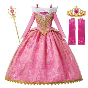Venta al por mayor traje de príncipe de 1 año de edad-Vestido de princesa Aurora para niña, Vestido de manga larga con hombros descubiertos, bata de encaje, trajes de fiesta de lujo para niña de 2 a 10 años