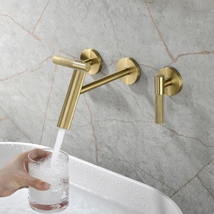 Robinet de lavabo mural dissimulé Robinet d'eau chaude et froide caché Robinet de luxe rond à trois trous avec lumière dorée - Product Image 4