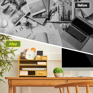 Organisateur de bureau multifonctionnel en bambou avec quatre niveaux et tiroir pour classement et rangement de stylos et fournitures de bureau - Product Image 4