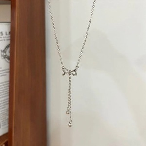 Bowknot Tassel Necklace Zinc Alloy Sparkling Diamond Chain Elegant Collarbone For Women Gift - Product Image 1