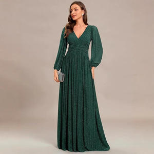 Europeo americano noche mujer cuello en V plisado cintura Natural manga larga forro hasta el suelo A-Line verano fiesta de graduación anual - Product Image 2