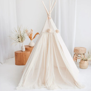 Tente de jeu <span class=keywords><strong>pour</strong></span> enfants en toile de coton naturelle, pliable, <span class=keywords><strong>pour</strong></span> intérieur, <span class=keywords><strong>tipi</strong></span> avec rideau transparent beige - Product Image 5