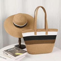 Bolso Tote de Gran Capacidad para Mujer, con Cierre de Cremallera, Conjunto de Sombrero de Paja para Playa y Viaje, Sombrero Panamá de Verano