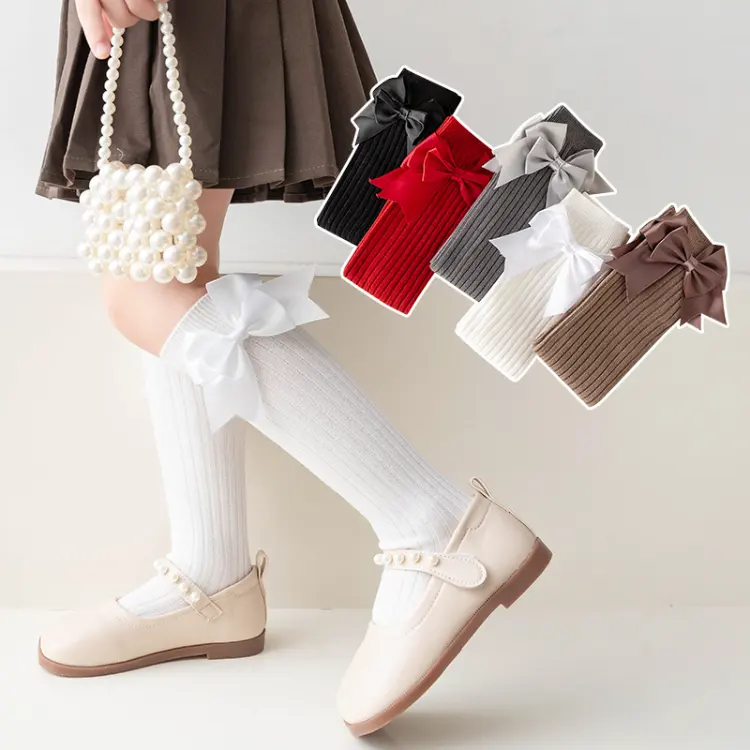 HY-1927 Spring& Autumn long socks Girls bow knot baby high tube Combed Cotton dress socks girls Knee stockings 3-12years