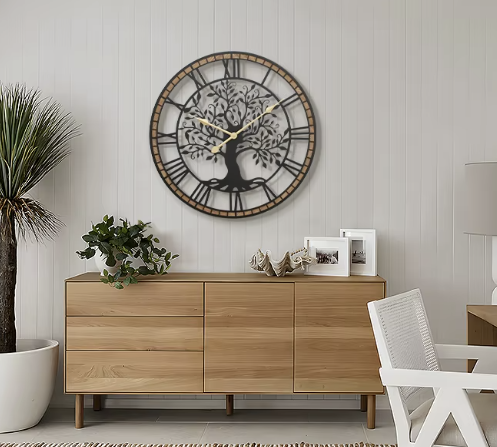 Micasso Non-Ticking Analog 24-Inch Tree Life Metal Solid Wood Frame Silent Battery-Operated Wall Clock Living Room Office