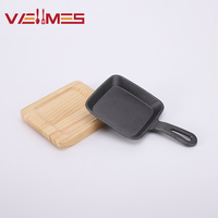 Poêle carrée en fonte antiadhésive avec support en bois, poignée unique, mini-plaque de cuisson pour steak, œufs, petit-déjeuner, restaurant, compatible four, facile à utiliser