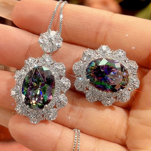 Lot de 9 bijoux en gros en cuivre, collier et bague en zircone cubique ovale taillée en nid d'oiseau 12*16mm, ensemble de bijoux floraux exquis pour femmes - Product Image 1