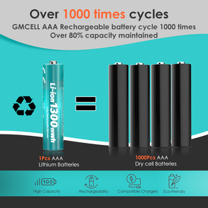 High Capacity GMCELL R03 AAA 1.5V 1300mWh Rechargeable <b>Lithium</b>-Ion <b>Batteries</b> 3-Year Warranty 1000-Cycle - Product Image 3