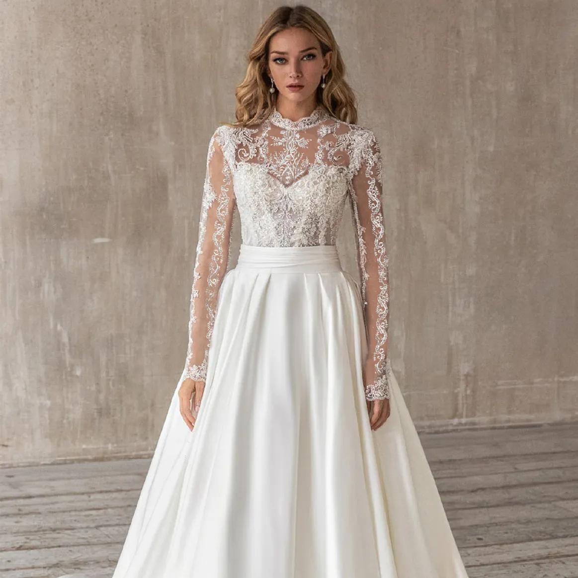 Nuovo Design stile di lusso maniche lunghe pizzo produttore di alta qualità abito da sposa su misura in raso su misura