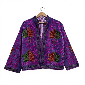 Purple <b>Velvet</b> Embroidered <b>Jacket</b> Floral Ethnic Boho Outerwear Plus Size <b>Women</b> Spring Coat - Product Image 4
