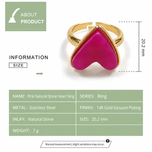 Bague Cœur en Pierre Naturelle Rose, Acier Inoxydable Plaqué Or 14K sous Vide, Bague Ajustable Tendance - Product Image 2