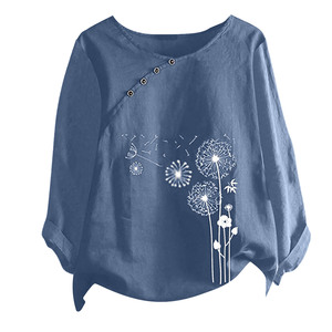 Nueva Camiseta Holgada de Manga Larga con Estampado, Top de Lino y Algodón para Mujer, a la Moda - Product Image 1