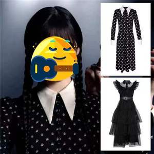 Disfraz de Cosplay de Wednesday Addams, Vestido Negro Estampado de Manga Larga con Cuello, Disfraz de Película y Televisión para Mujer Adulta, Fibra de Poliéster - Product Image 1