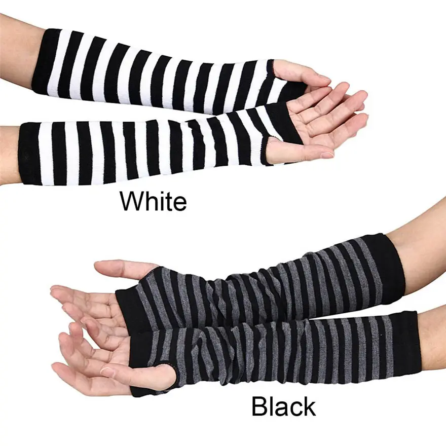 Женские Длинные вязаные перчатки в полоску, с открытыми пальцами