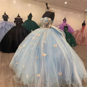 Light Blue Tulle Ball Gown Strapless 3D Butterfly Princess Dress Floral Print Prom Dress Natural Waistline - Product Image 2