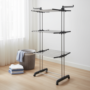 CJFZ247160301AZ Séchoir à linge pliable à roulettes, support de séchage de vêtements en métal à trois niveaux avec ailes latérales doubles - Product Image 2