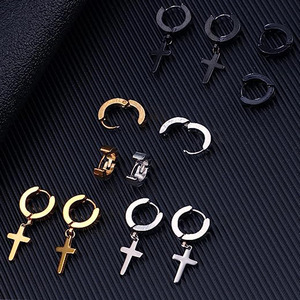 Stainless Steel Huggie Earrings With <b>Cross</b> Pendant For Men Black <b>Silver</b> Gold Color Fashion Jewelry 1 Set - Product Image 2