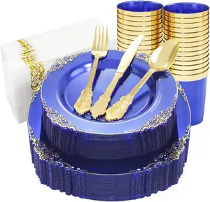 Eco amigável melamina carregador placa Talheres Set azul marinho placas talheres de ouro conjunto com placa para o casamento