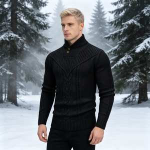Maglione da <span class=keywords><strong>Uomo</strong></span> Invernale/Autunnale con Collo a Scialle, Scollo a V, Lavorazione a Treccia, Bottoni Frontali, Dettaglio Intrecciato Centrale, Vestibilità Slim - Product Image 2