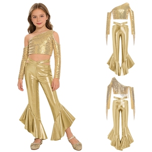 Conjunto Brillante para Niñas de 6 a 16 Años, Top Corto y Pantalones Metálicos con Volantes y Campana, para Baile, Actuaciones y Salidas Casuales - Product Image 3