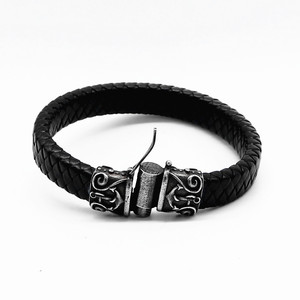 Yunnique Pulsera de cuero negro con patrón de ancla y hebilla de plata tibetana, joyería unisex - Product Image 5