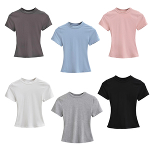 Camiseta Básica de Verano para <span class=keywords><strong>Mujer</strong></span>, Cuello Redondo, Hombros Elásticos, Manga Corta, Corte Ajustado, con Logotipo Personalizable - Product Image 2