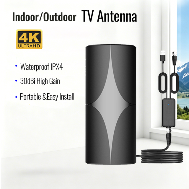 Indoor/Outdoor 4K 1080P HDTV Antenna with Amplifier 4G/5G LTE Filter Portable Waterproof Digital TV Antenna for Home RV Camping