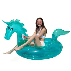 Inflatable Transparent green Unicorn pool float with glitters inside