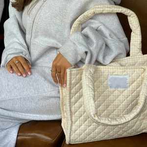 Custom Factory Cotton Quilted Beige Gingham Print Tote with Customized Luxury Beige Terry Inner Lining Soft Oversize Tote Bag - Product Image 6
