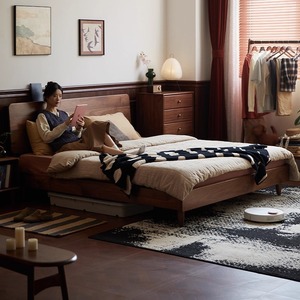 Lit plateforme en bois massif 1,5 m 1,8 m Noyer noir avec rangement Style japonais Meubles de chambre modernes - Product Image 1