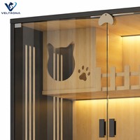 Vila para Gatos de Madeira com Vários Níveis, Portas Deslizantes de Vidro, Iluminação LED, Recortes em Formato de Cabeça de Gato e Caixa de Areia para Gatos de Interior