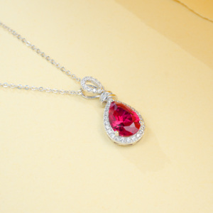 Elegant Pear-Shaped Ruby Necklace, Lab Created Center <b>Stone</b> with Halo Pendant in 925 Silver - Product Image 5