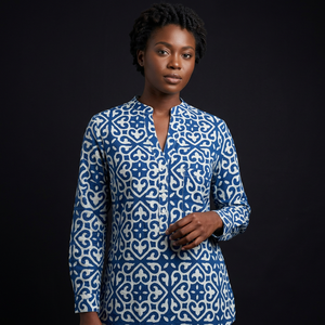 Chemise en coton tissé pour femme, bleu et blanc, imprimé géométrique, élégante, col montant, manches trois quarts, coupe ample, taille XL, boutonnée - Product Image 2