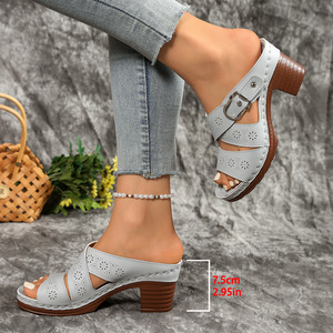 รองเท้าแตะรัดส้นแบบไขว้สำหรับฤดูร้อน ส้นกลาง สำหรับผู้หญิง รุ่นใหม่ล่าสุด แฟชั่นเปิดนิ้วเท้า รองเท้าสไตล์โรมัน ไซส์ใหญ่พิเศษ 43 - Product Image 4