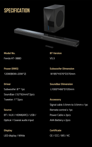 Barre de son 2.1 canaux 120W avec caisson de basses 8 pouces, système de haut-parleurs home cinéma sans fil Dolby Audio pour TV, vente en gros HT-388D - Product Image 6