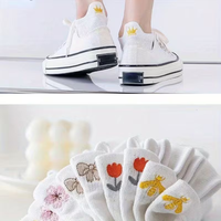 Chaussettes courtes blanches brodées de fleurs, en polyester doux et respirant, à coupe basse, pour l'école