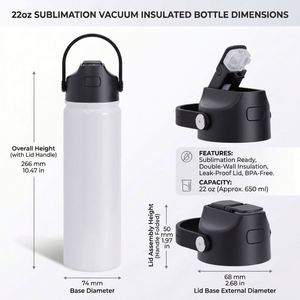 Custom logo 22oz Double Wall Wide Mouth Travel Tumbler Stainless Steel DIY Suablimation Blanks Water Bottle with Leak Proof Lid - Product Image 3