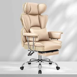 Silla de oficina ergonómica de 400 libras, silla de juego de cuero genuino blanco con respaldo alto grande y alto, reposapiés reclinable ejecutivo - Product Image 3